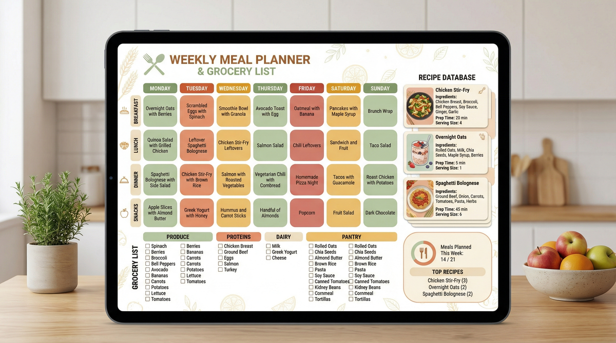 Preview of Weekly Meal Planner with Grocery List